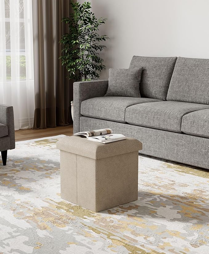 15 Inches Small Folding Storage Ottoman Cube, Storage Footrest, Foot Rest Stool, for Living Room, Bedroom, Dorm, Hallway, Entryway, Sandy Beige-HomvellaHome