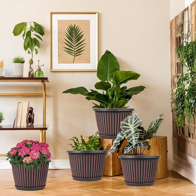10 Inch Planter-Pots-for-Plants-Indoor-Outdoor, 4 Pack Plastic Flower Pots with Saucer & Drainage Holes, Modern Decorative Resin Garden Pots-HomvellaHome