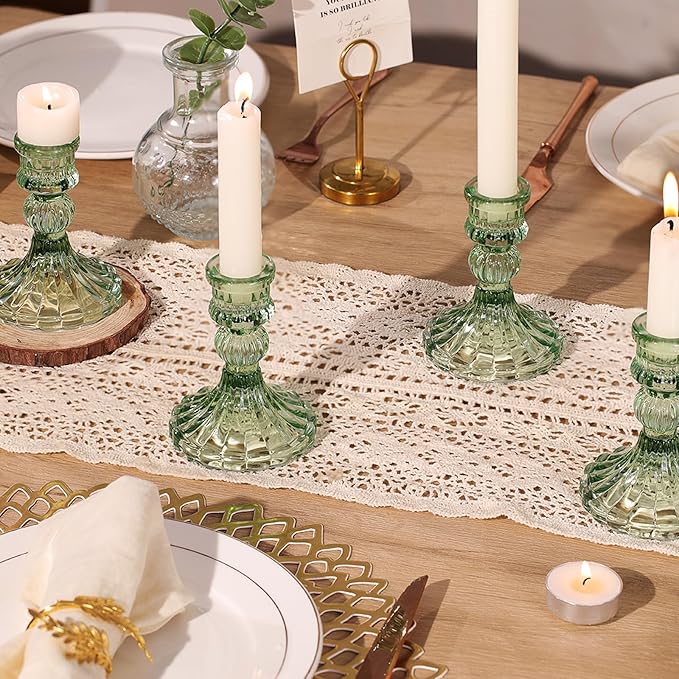 12PCS Green Candlestick Holders Set- 4" H Taper Candle Holders, Glass Candle Holders Bulk for Wedding, Party, Home Table Centerpieces, Festival Gifts & Windowsill Decor-HomvellaHome