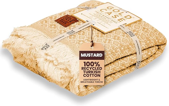 Gold Case Throw Blanket for Couch – 100% Recycled Turkish Cotton Blankets & Throws – Elegant Decorative Throw Blankets for Living Room Sofa – Woven Throws for Couch – Retro Mustard – 50x60-HomvellaHome