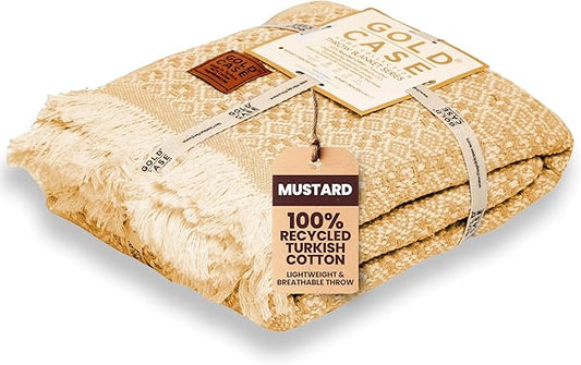 Gold Case Throw Blanket for Couch – 100% Recycled Turkish Cotton Blankets & Throws – Elegant Decorative Throw Blankets for Living Room Sofa – Woven Throws for Couch – Retro Mustard – 50x60-HomvellaHome