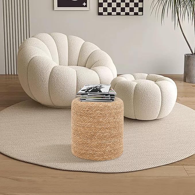 16'' Round Ottoman Natural Seagrass Braided Poof Hand Weaving Round Ottomans Boho Footrest Stool for Home Living Room Bedroom Patio(Natural)-HomvellaHome