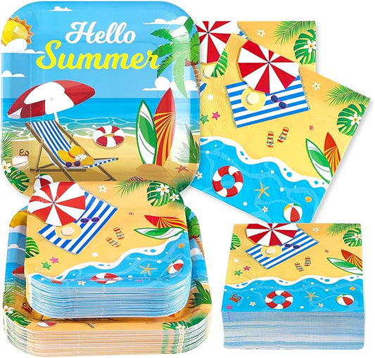 Grencian 200Pcs Beach Party Supplies Hello Summer Party Plates and Napkins Disposable Summer Pool Paper Tableware Set for Hawaiian Beach Pool Birthday Baby Showe Decorations, Serves 50-HomvellaHome