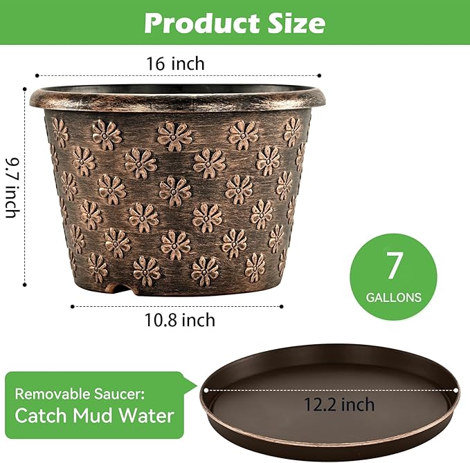 16 Inch Planter Pots for Plants, Plastic Large Flower Pots Indoor Outdoor, 4 Pack Resin Plant Pot with Drainage & Saucer, Retro Decorative Garden Pot with Removable Trays for House-HomvellaHome