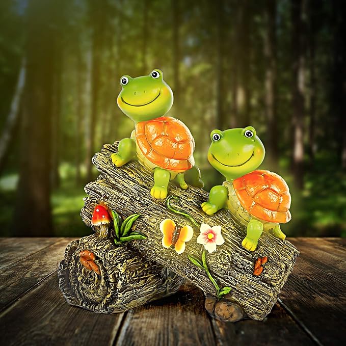 Garden Turtle Figurines Outdoor Decorations, Solar Powered Sweet Frog Face Turtles Resin Statue with 4 LED Lights, Garden Art Spring Fall Winter Christmas Decor for Patio Lawn Yard-HomvellaHome