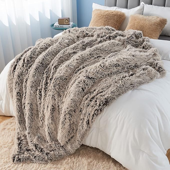 GONAAP Fuzzy Faux Fur Throw Blanket Queen Size Frosty Brown Super Soft Cozy Plush Fuzzy Shaggy Blanket for Couch Sofa Bed (Frosty Brown, Queen(90"x90"))-HomvellaHome