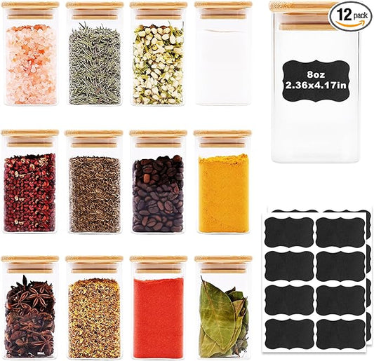 Glass Food Storage Jars Square 8oz, 12 Pack Glass Jars With Bamboo Lids, Kitchen Storage Containers For Spice, Candy, Cookie, Storage For Pantry Organizers-HomvellaHome