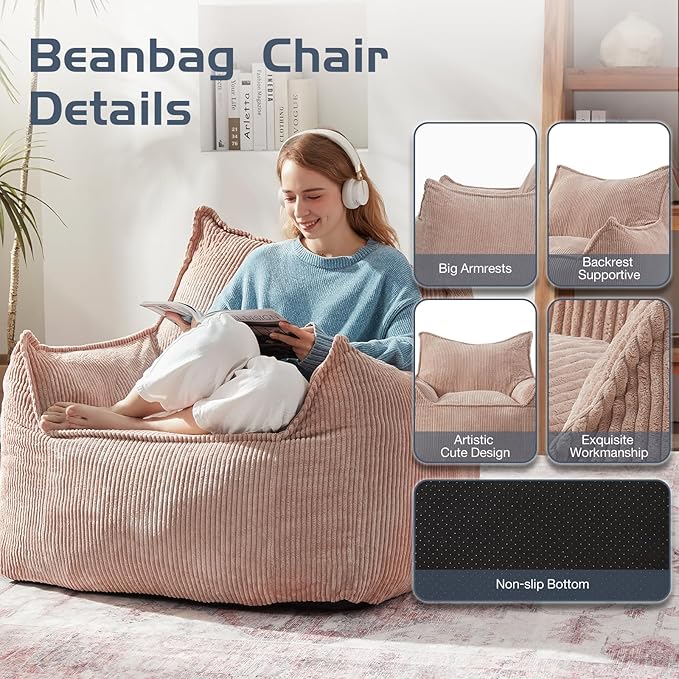 Giant Bean Bag Chair Sofa for Adults Teens, Comfy Corduroy Large Bean Bag Chairs with Armrests for Bedroom Living Room, Adult BeanBag Lazy Sofa Couch Chairs with Filler Included-HomvellaHome