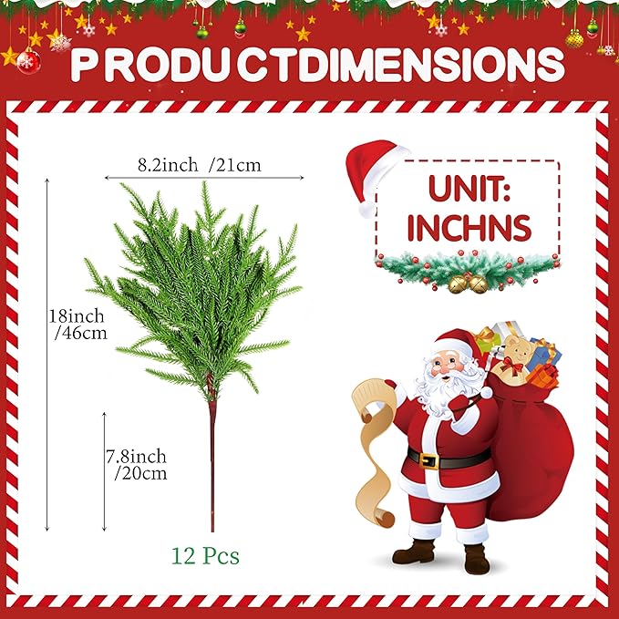 12Pcs Artificial Norfolk Pine Branches 18" Plastic Christmas Plants Decor Faux Greenery Stems Pine Picks Outdoor Faux Plants UV Resistant for Xmas Indoor, Front Porch Home Décor (12, 18inch)-HomvellaHome