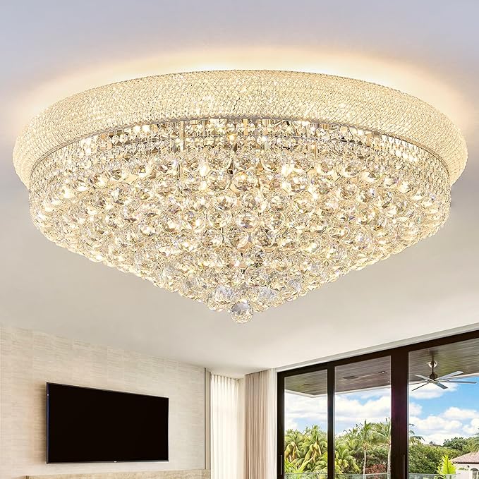 18-Light 32 inch Large Crystal Chandelier Flush Mount Ceiling Light Fixture for Living Room Dining Room Bedroom Foyer Entryway Chrome Finish-HomvellaHome