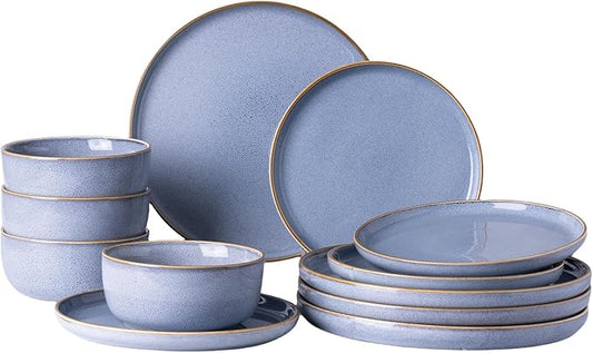 GBHOME Ceramic Dinnerware Sets for 4, 12 Pieces Stoneware Plates and Bowls Sets, Scratch Resistant Dishe Set for Dinner, Dishwasher & Microwave Safe, Brunnera Blue-HomvellaHome