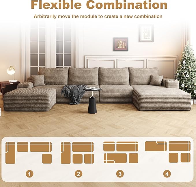136" Sectional Couches for Living Room Modern Modular Sofa with L-Shape Couchs Upholstered Boneless Couch Deep Seat Sectional Couch with Chaise (Camel, Right Facing Chaise+3Seaters+Ottoman)-HomvellaHome