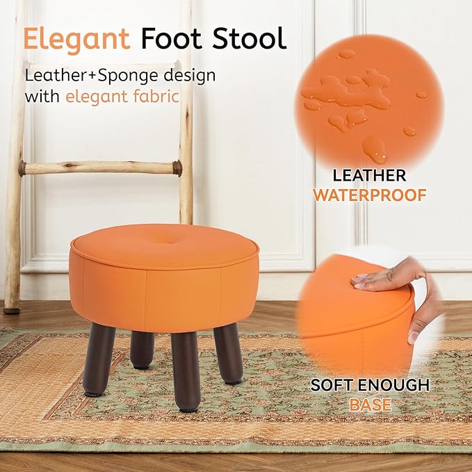 13in Small Foot Stool Ottoman, Round Faux Leather Foot Rest for Couch, Under Desk Pouf Footstool Footrest with Non-Skid Rubber Legs for Ling Room, Bedroom, 13''L x 13''W x 10.2''H, Orange-HomvellaHome