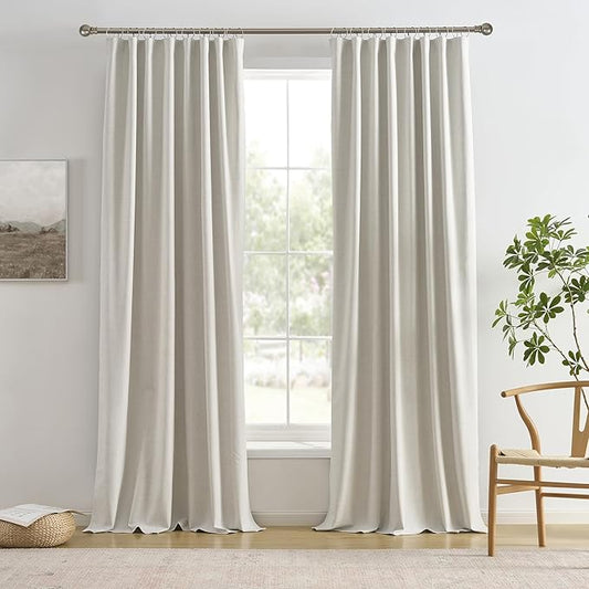 140 Inch Long Blackout Curtains Panels Set,Linen Textured Custom Extra Long Luxury Noise Reducing Curtains for Large Window Pocket Back Tab Pleat Heading Tape with Hooks 50W x 140L,Natural Birch/Ivory-HomvellaHome