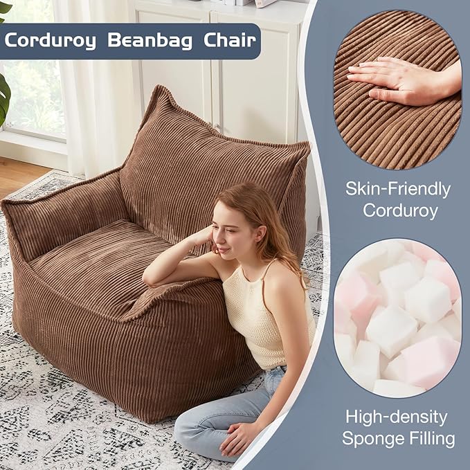 Giant Bean Bag Chair Sofa for Adults Teens, Comfy Corduroy Large Bean Bag Chairs with Armrests for Bedroom Living Room, Adult BeanBag Lazy Sofa Couch Chairs with Filler Included-HomvellaHome
