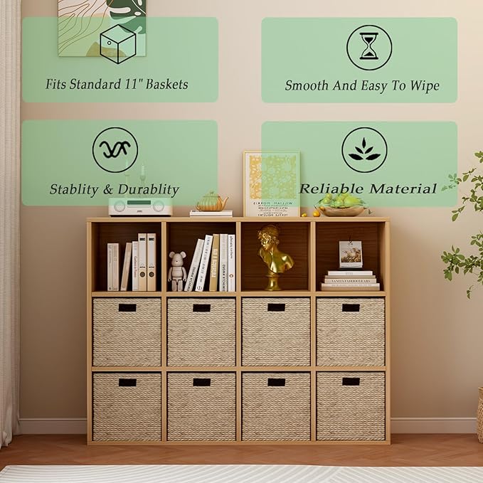 12-Cube Storage Shelf Bookcase - Wooden 3-Tier Floor Standing Open Bookshelf for Home and Office, Display Cabinet, Oak-HomvellaHome