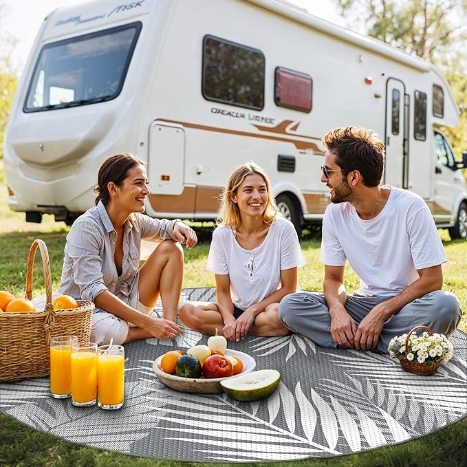 GENIMO Outdoor Rug 10' Round Waterproof for Patios Clearance, Reversible Outdoor Plastic Straw Camping Rug Carpet, Large Area Rugs Mats for RV, Camper, Deck, Balcony, Porch, Beach, Picnic, Grey&White-HomvellaHome