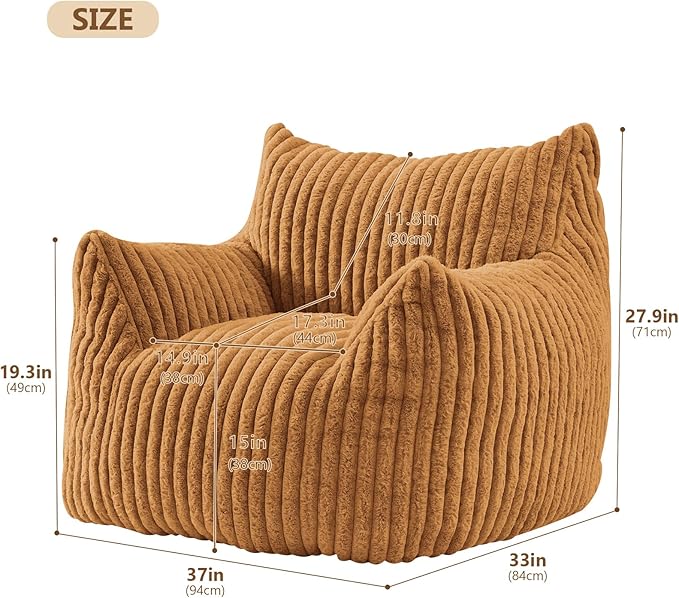 Giant Bean Bag Chairs for Adults Teens, Large Bean Bag Sofa Chairs with Filling Comfy Fuzzy BeanBag Chair with Armrests for Bedroom Living Room Reading (Brown, Medium)-HomvellaHome