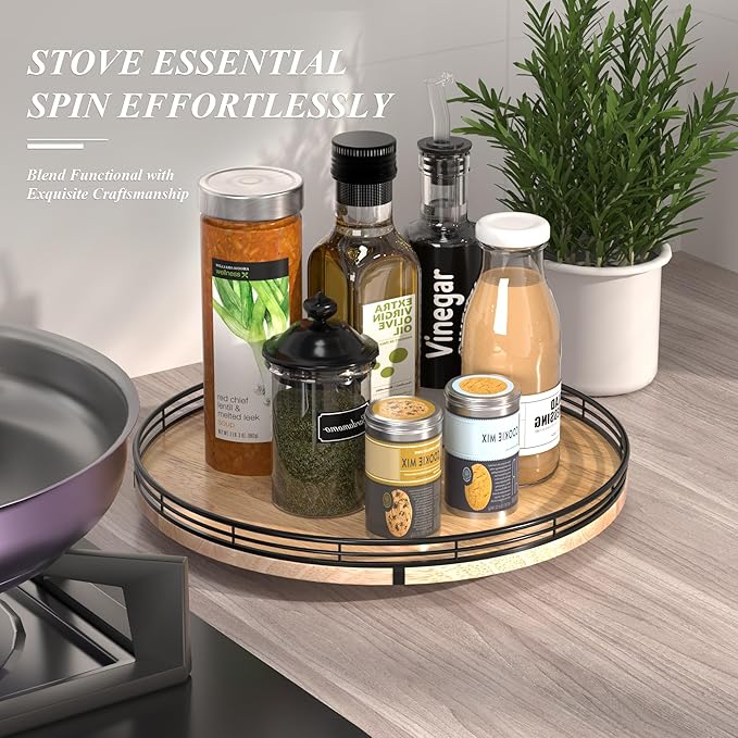 13" Lazy Susan Oak Wood Turntable Organizer for Cabinet, Farmhouse Round Wooden Lazy Susan Organization and Storage for Dining Table, Pantry, Kitchen, Bathroom, Countertop, Cupboard, Home Decor-HomvellaHome