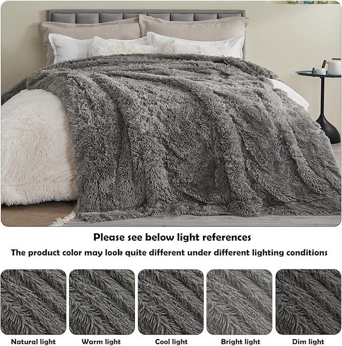 GONAAP Fuzzy Faux Fur Throw Blanket Queen Size Light Grey Super Soft Cozy Plush Fuzzy Shaggy Blanket for Couch Sofa Bed (Light Grey, Queen(90"x90"))-HomvellaHome