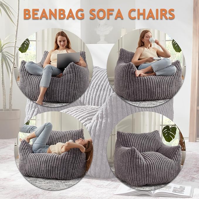 Giant Bean Bag Chairs for Adults with Filling Plush Fluffy Bean Bag Chairs for Teens with Armrests Comfy BeanBag Lazy Couch Sofa Chair for Bedroom Living Room Reading (Dark Gray2, M-for Teens/Adults)-HomvellaHome