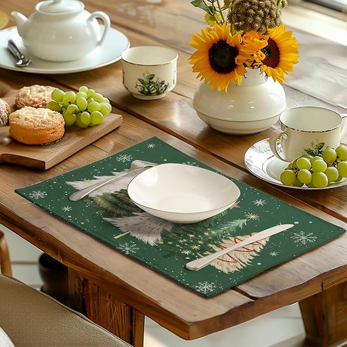 Green Christmas Tree Placemats Set of 4, 12x18 Inch Xmas Trees Snowflakes Winter Holiday Place Mats Seasonal Washable Linen Table Mats for Indoor Outdoor Kitchen Dining Party Décor-HomvellaHome