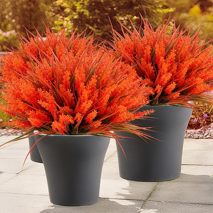 Geegoods Artificial Plants Flowers Outdoor – Faux Lavender Flowers with Monkey Grass UV Resistant Plastic Faux Plants for Garden Porch Window Patio Hanging Planter Home Decor (Autumn-red, 48PCS)-HomvellaHome