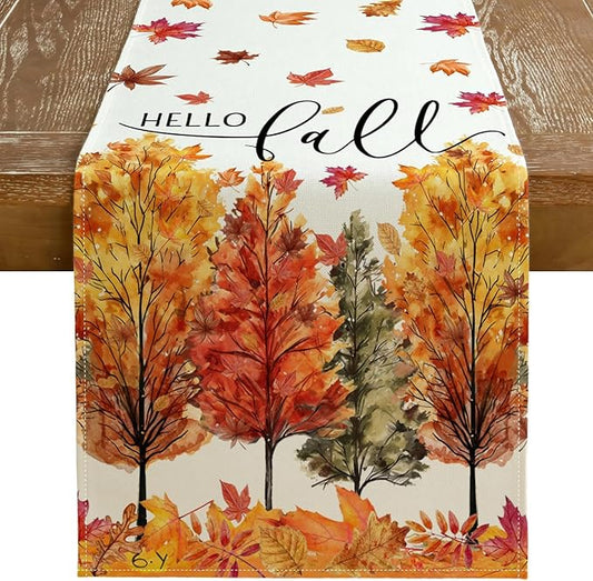 GEEORY Fall Watercolor Trees & Maple Leaves Table Runner 13x72 Inch, Rustic Farmhouse Autumn Thanksgiving Decor for Kitchen, Dining, Indoor/Outdoor Holiday Dinner Party Orange Red GT160-72-HomvellaHome