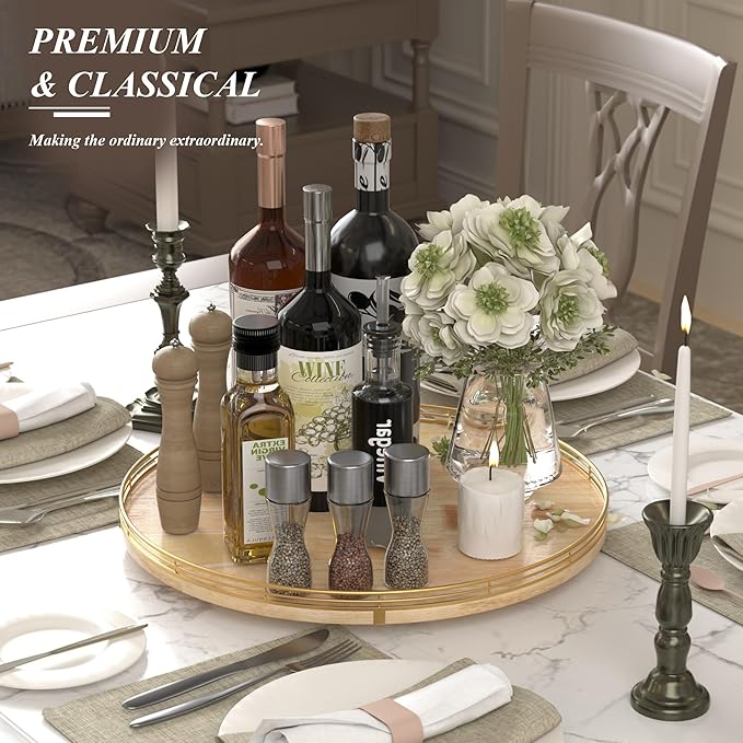 18 Inch Rustic Lazy Susan Turntable – Solid Oak & Iron Wood Rotating Tray for Dining Table, Kitchen Counter, Coffee Table – Farmhouse Style Large Wooden Lazy Susan Organizer for Home Décor-HomvellaHome