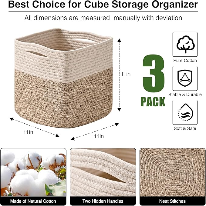 11 Inch Cube Storage Bins, Organizer Woven Cotton Rope Square Baskets for Organizing Shelves, Toys, Nursery, Off White & Brown (Pack of 3)-HomvellaHome