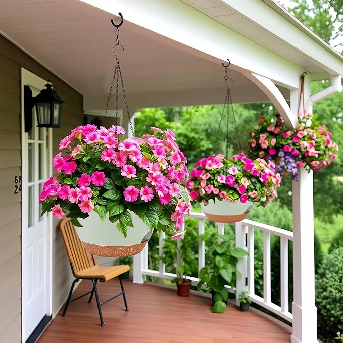 2 Pack 12 Inch Large Hanging Planters with Chains Self Watering Green Brown Plastic Hanging Pots for Indoor Outdoor Plants, Garden Porch Home Decor，Green Brown-HomvellaHome