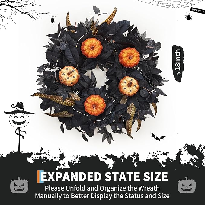 GarveeHome Halloween Wreath for Front Door, 18 Inch Fall Wreath with Pumpkins and Maple Leaves for Indoor Outdoor Wall Window Porch Patio Garden Farmhouse Home Party Prom Decoration-HomvellaHome