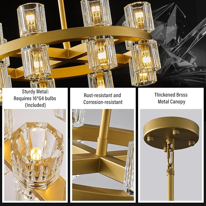 Gold Chandelier Light Fixture Kitchen and Dining, 16-Lights Modern Chandeliers for Dining Room, 18" Farmhouse Kitchen Pendant Lights Over Table, Crystal Wagon Wheel Chandelier(Bulbs Included)-HomvellaHome