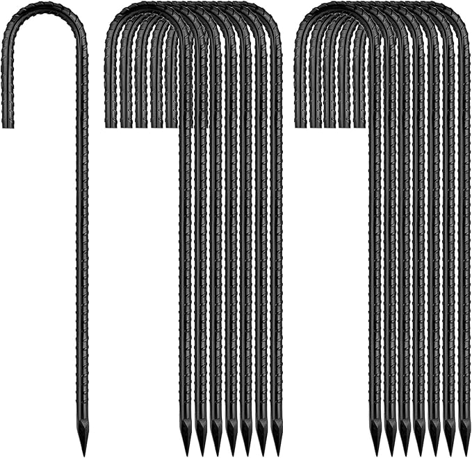 Ground-Stakes-Heavy-Duty-12 inch, J-Hook Rebar Stakes Black Coated Anti-Rust 16pcs Garden Stakes Metal Ground Anchors for Garden Dog Fence Chicken Coop Christmas Decorations Deer Fence-HomvellaHome