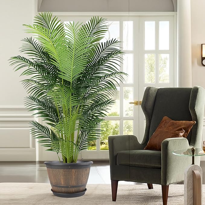 16-inch-Plant-Pots-Indoor-Outdoor, 4 Pack Large Whiskey Barrel Planters with Drainage Holes & Saucer, Plastic Flower Pots Imitation Wine Barrel Design, Decorative Garden Pots for Plants-HomvellaHome