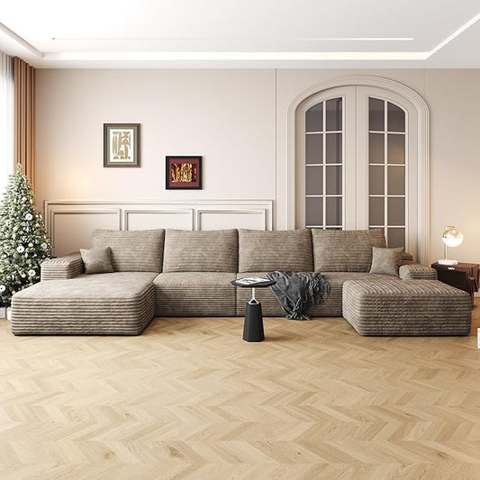 136" Sectional Couches for Living Room Modern Modular Sofa with L-Shape Couchs Upholstered Boneless Couch Deep Seat Sectional Couch with Chaise (Camel, Left Facing Chaise+3Seaters+Ottoman)-HomvellaHome