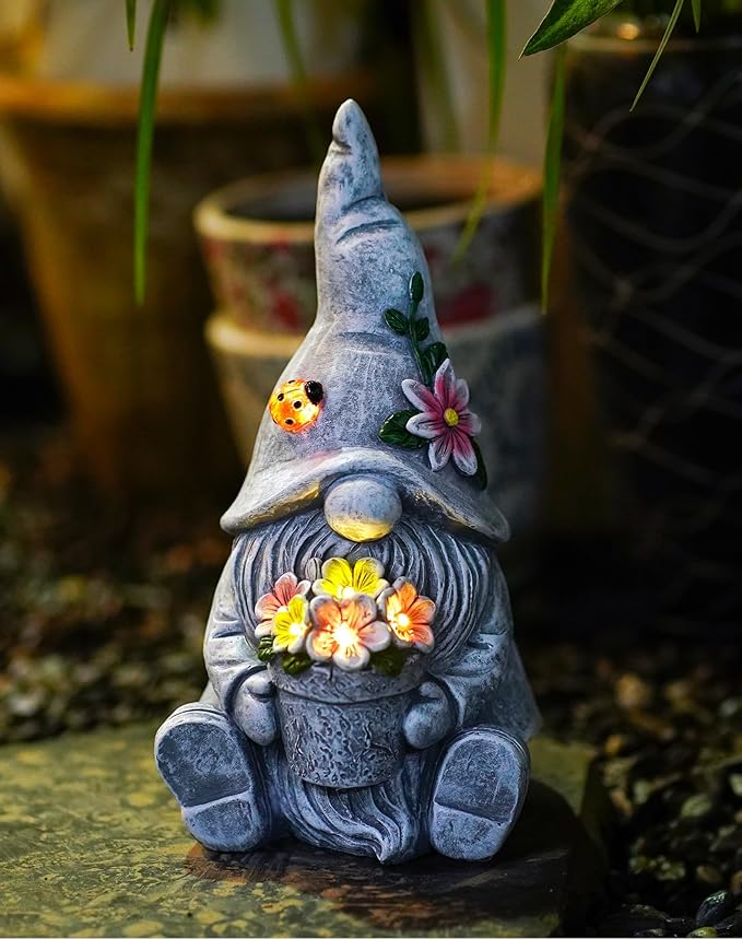 Goodeco Sitting Gnome Holding Flower Statue - Solar Garden Gnomes Decor for Outside with LED Lights, for Women or Moms, Housewarming Gnome Decorations-HomvellaHome