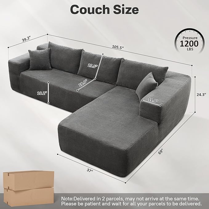 104" Cloud Sectional Couches for Living Room,L Shaped Boneless Couch in A Box,Sleeper Sofa with Comfy Chaise No Assembly Required,Grey-HomvellaHome