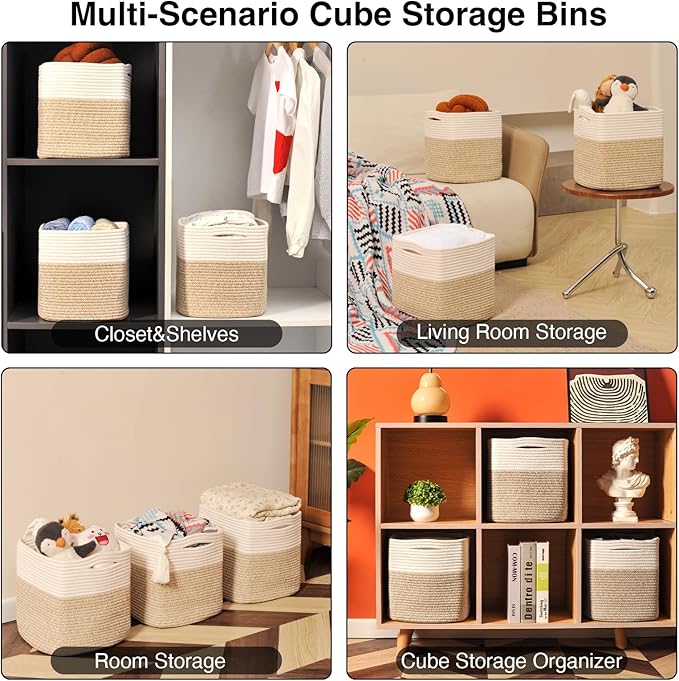 11 Inch Cube Storage Bins, Organizer Woven Cotton Rope Square Baskets for Organizing Shelves, Toys, Nursery, Off White & Brown (Pack of 3)-HomvellaHome