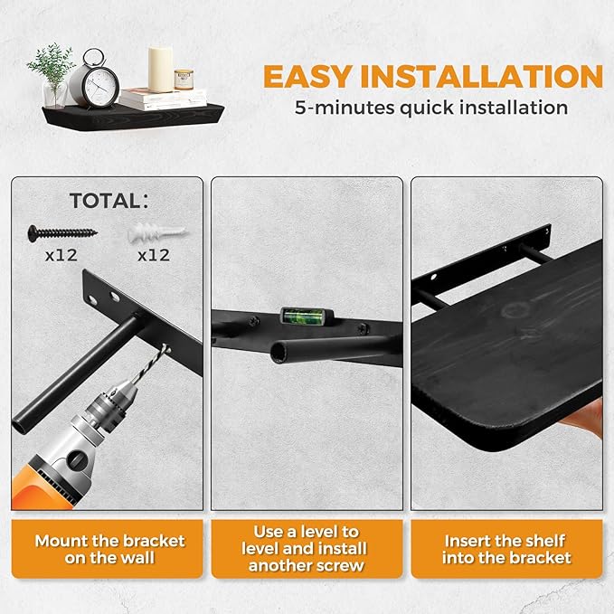 16"x6.8"x1.6" Slanted Floating Wall Shelves 2-Pack - Rustic Black Finish, Heavy-Duty Solid Wood Design with Hidden Brackets - Perfect for Living Room, Kitchen, Bathroom, or Office-HomvellaHome