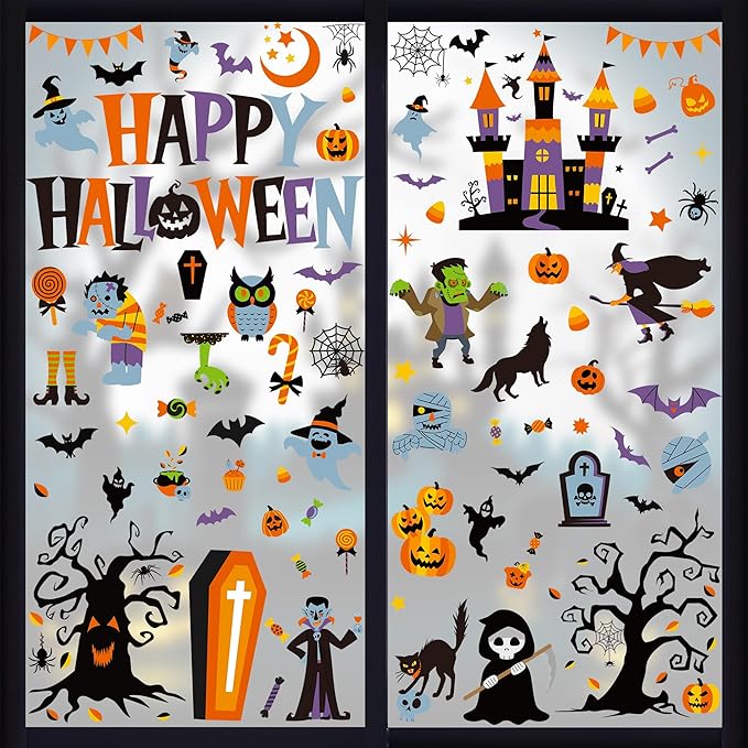 115PCS Halloween Window Clings, 9 Sheets Halloween Decorations, Cute Witch Tree Zombie Ghost Patterns PVC Window Stickers for Treat or Trick Party Favors Decal Supplies Decor Accessories-HomvellaHome
