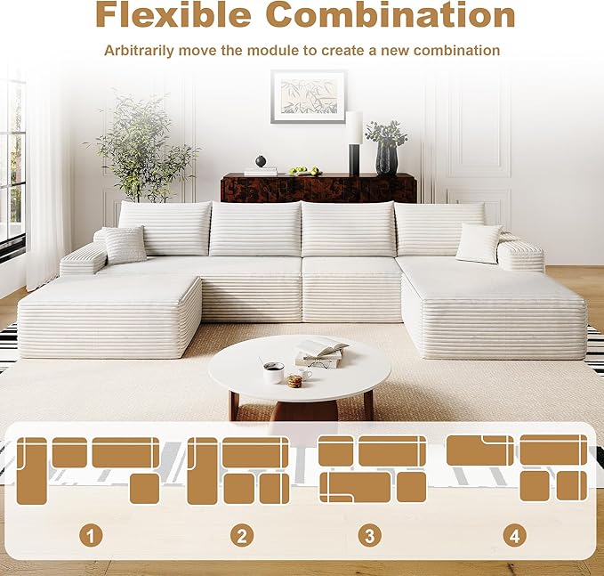 136" Sectional Couches for Living Room Modern Modular Sofa with L-Shape Couchs Upholstered Boneless Couch Deep Seat Sectional Couch with Chaise (White, Right Facing Chaise+3Seaters+Ottoman)-HomvellaHome