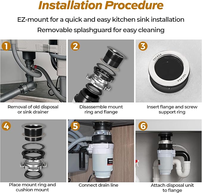 1/2 HP Garbage Disposals, TECASA Continuous Feed, Stainless Steel Food Waste Grinding System for Kitchen Sink Food Waste, Power Cord Included, UL Certified - HyperCrush 50-HomvellaHome