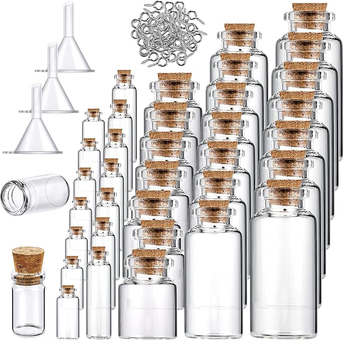 Geiserailie 45 Pcs Mini Glass Bottles with Cork Stoppers Spell Jar Clear Wishing Jars with 50 Eye Screws 3 Funnels for Wedding Party Favors DIY Art Crafts Decoration, 5 Sizes-HomvellaHome