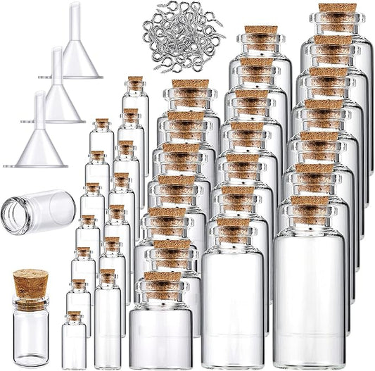 Geiserailie 45 Pcs Mini Glass Bottles with Cork Stoppers Spell Jar Clear Wishing Jars with 50 Eye Screws 3 Funnels for Wedding Party Favors DIY Art Crafts Decoration, 5 Sizes-HomvellaHome