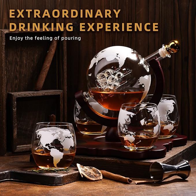 Gifts for Men Dad Husband Christmas, Whiskey Globr Decanter Set with 4 Etched Globe Glasses, Unique Anniversary Birthday Gifts for Brother Boyfriend, Cool Stocking Stuffers Bourbon Whikey Gifts-HomvellaHome