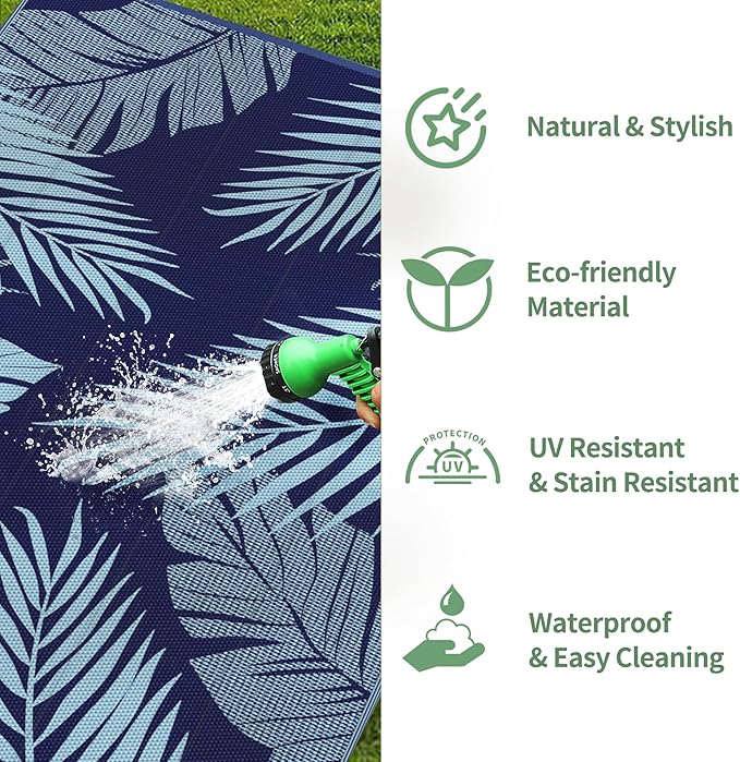 GENIMO Outdoor Rug 5' x 8' Waterproof for Patios Clearance, Reversible Outdoor Plastic Straw Camping Rug Carpet, Large Area Rugs Mats for RV, Camper, Deck, Balcony, Porch, Beach, Navy Blue&Baby Blue-HomvellaHome