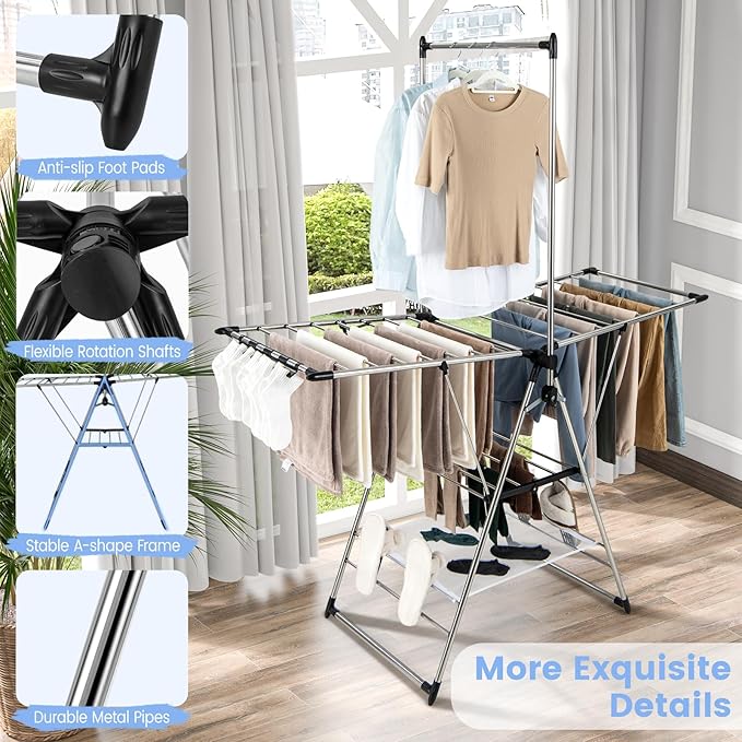 Giantex Clothes Drying Rack, Foldable Laundry Drying Rack with with 6-Level Adjustable Height, High Hanger Design, Side Clips, Space Saving Collapsible Laundry Drying Rack-HomvellaHome
