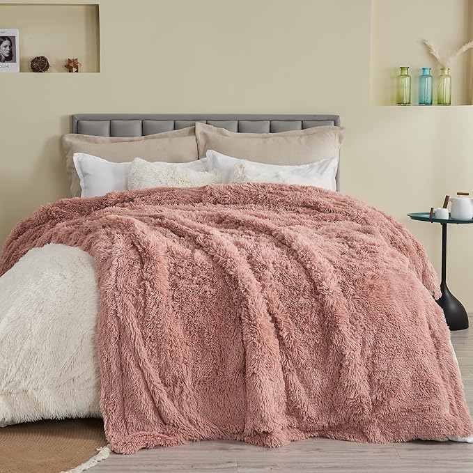 GONAAP Fuzzy Faux Fur Throw Blanket Queen Size Pink Super Soft Cozy Plush Fuzzy Shaggy Blanket for Couch Sofa Bed (Pink, Queen(90"x90"))-HomvellaHome
