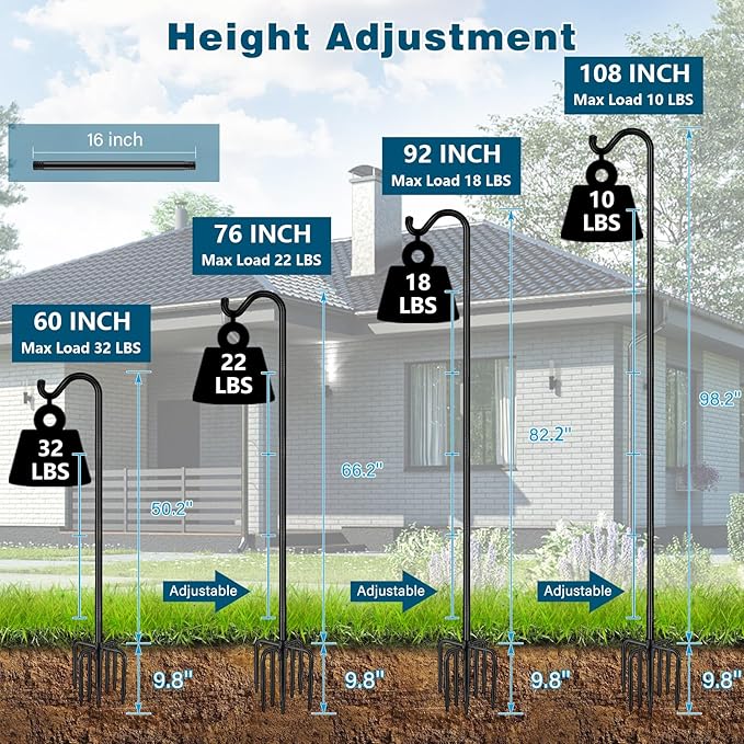 Gtongoko Adjustable Shepherds Hooks for Outdoor 76 Inch Bird Feeder Pole with 7 Prongs Base, 3/4 Inch Thick Heavy Duty for Hanging Bird Feeder, Plant Baskets,1 Pack-HomvellaHome